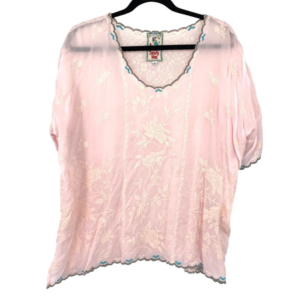 Johnny Was Blouse Womens M Pink Floral Embroidered Sheer Scallop Trim Boho Top
